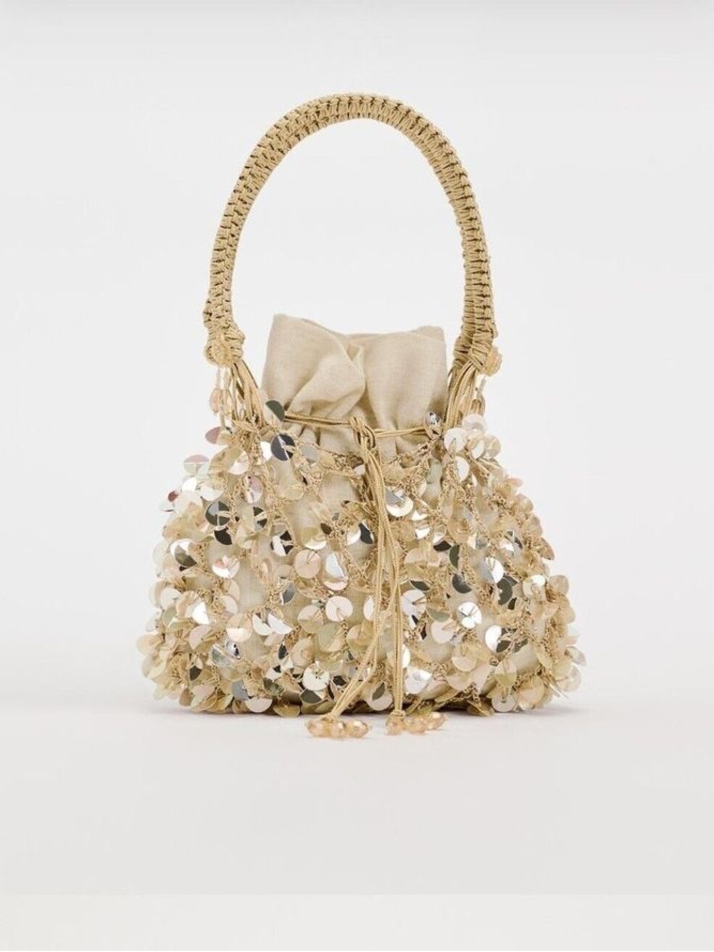 Zara Champagne Sequin Drawstring Mini Bag